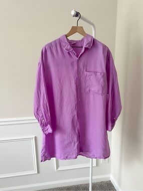 ROVE Summer Shirt Dress Button Down 100% Cotton Lt Purple Relaxed Womens Medium